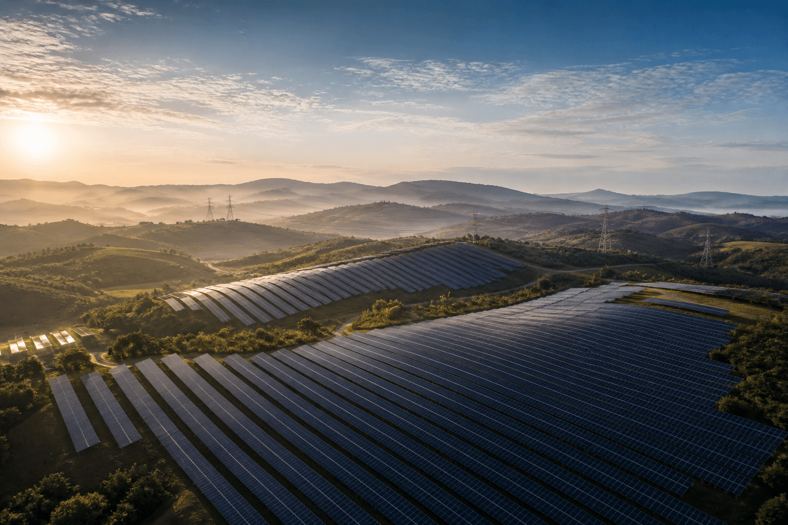 Complexo solar e infraestrutura de transmissão em paisagem brasileira